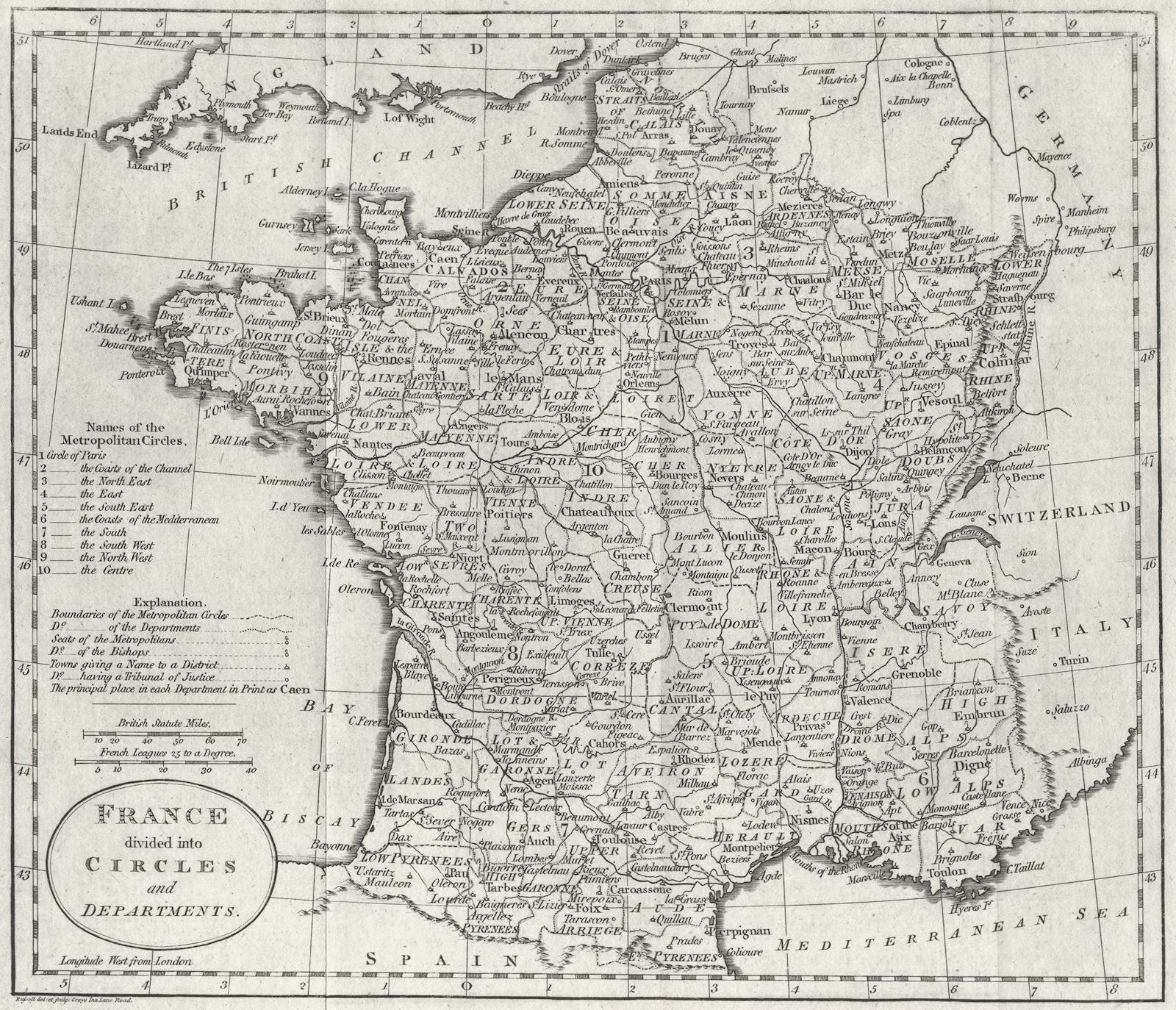 FRANCE. Circles & departments. Guthrie 1794 old antique vintage map plan chart